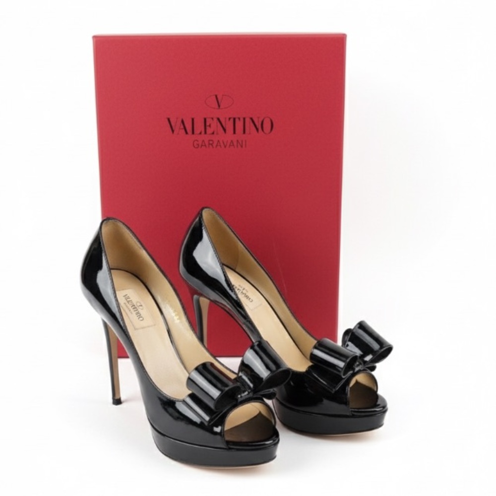 Authentic Valentino Garavani Black Patent Bow Platform Peep Toe Heels 38 (US 8)